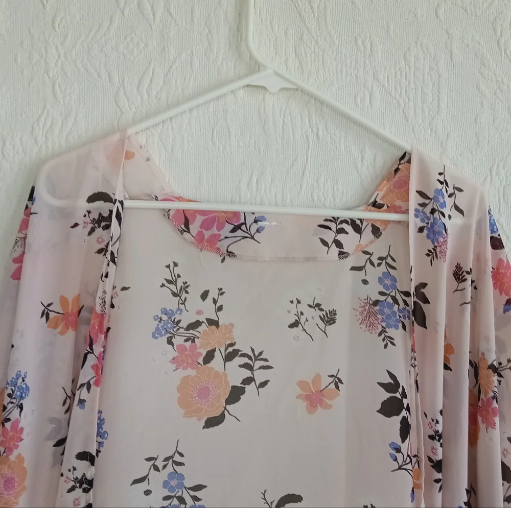 Pink Floral Sheer Kimono Wrap Elegant Soft Girl Femme Flowy Pastel Airy Light OS